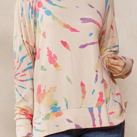 Women's Taupe Round Neckline Hi-lo Hem Multi Color Print Knit Sweater NWT - Picture 4 of 5